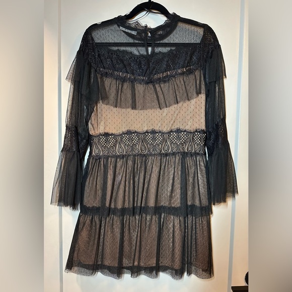 Zara Black Lace Mesh Dress with Bell Sleeves - Picture 2 of 6